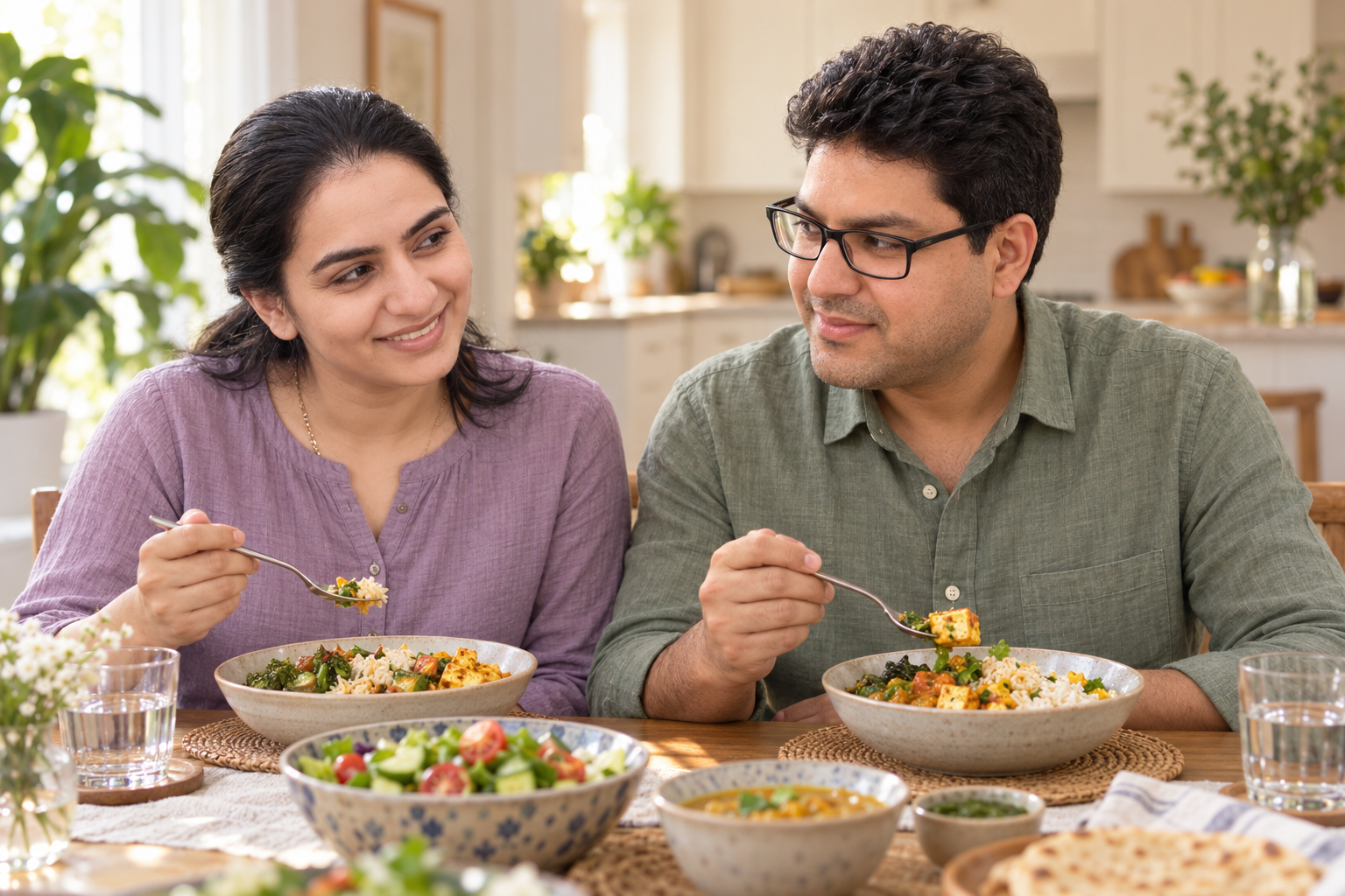 A couple enjoying a colorful lunch together