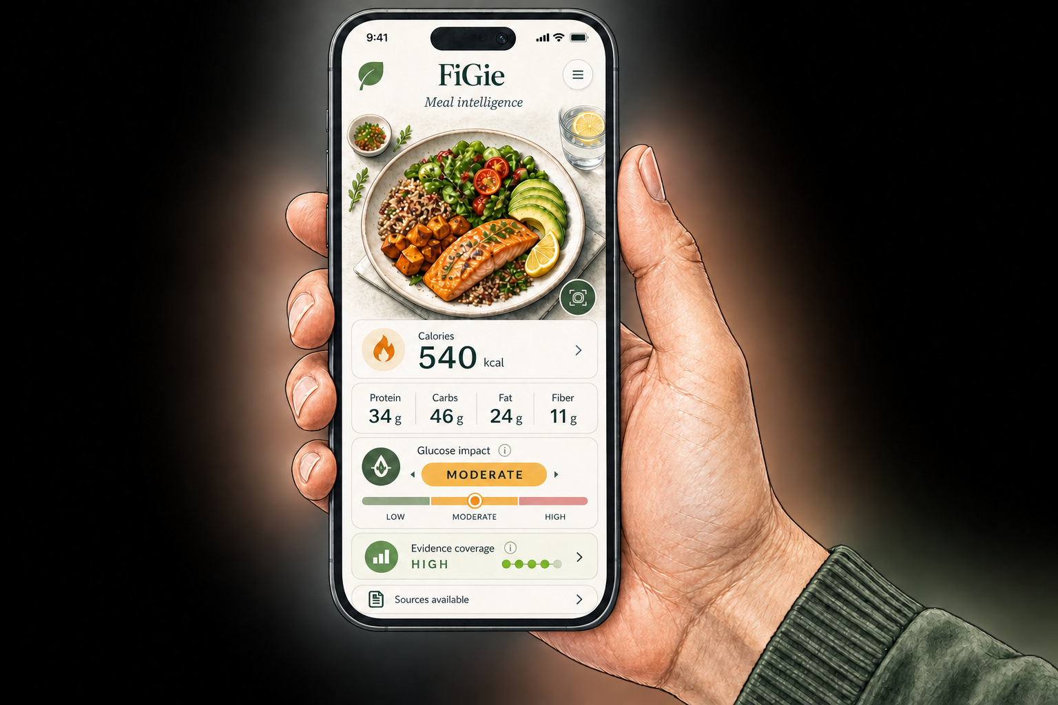 Hand-drawn FiGie app in hand showing calories, nutrients, glucose-impact context, evidence coverage and available sources