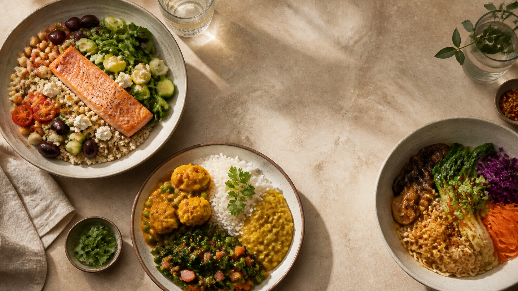 Three globally varied real meals representing the range of food context FiGie is designed to understand